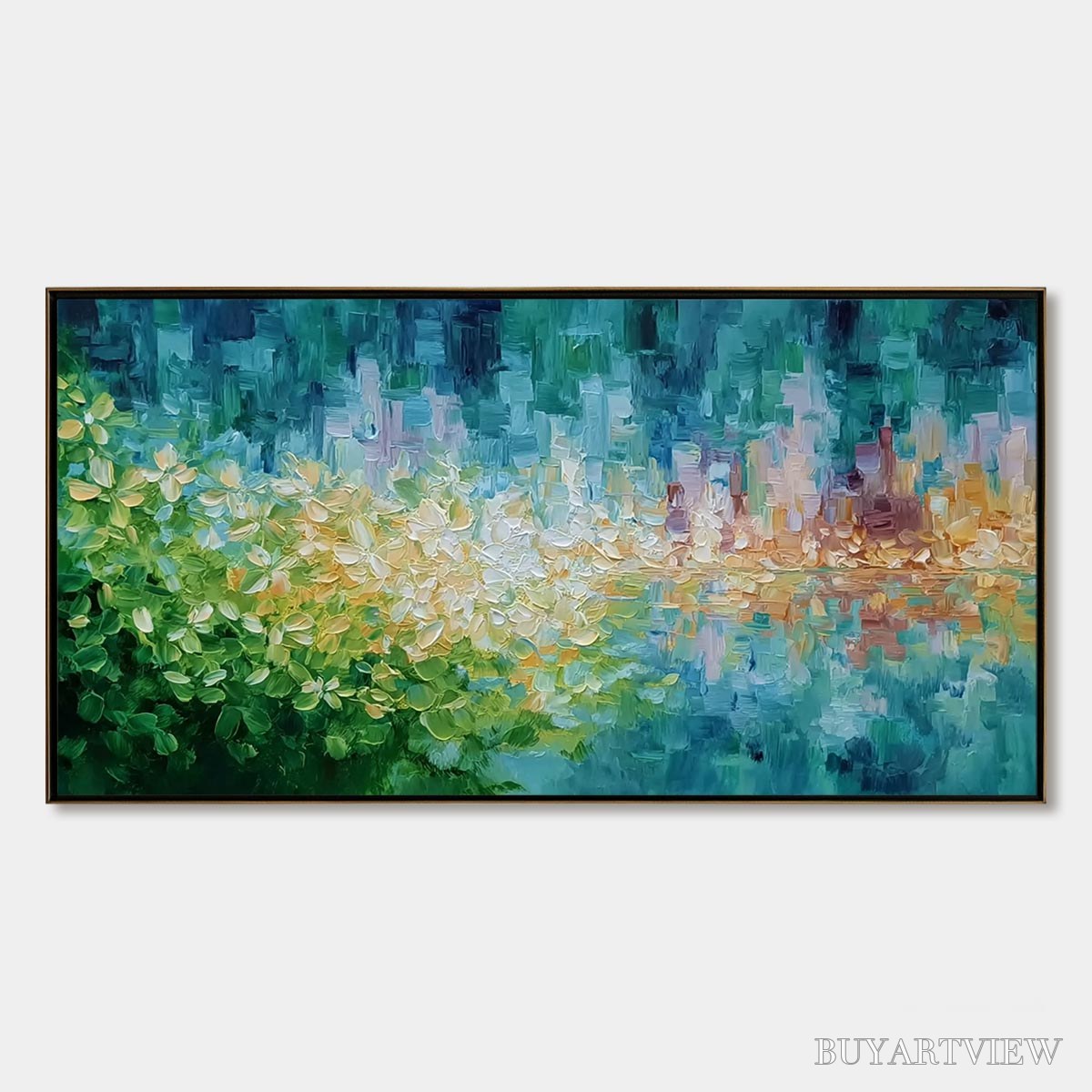 ARTOVITAS Verdant Echo – Textured Impasto Painting of a Lakeside Reflection - image 1