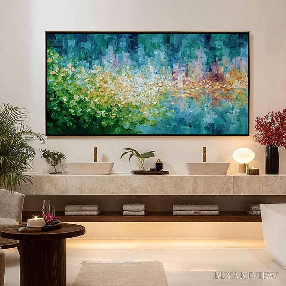 ARTOVITAS Verdant Echo – Textured Impasto Painting of a Lakeside Reflection - image 2