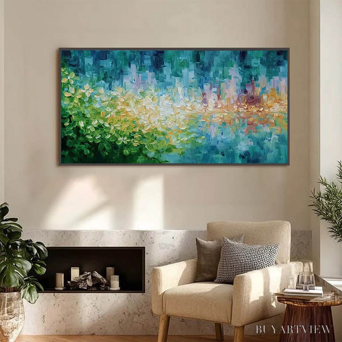 ARTOVITAS Verdant Echo – Textured Impasto Painting of a Lakeside Reflection - image 4