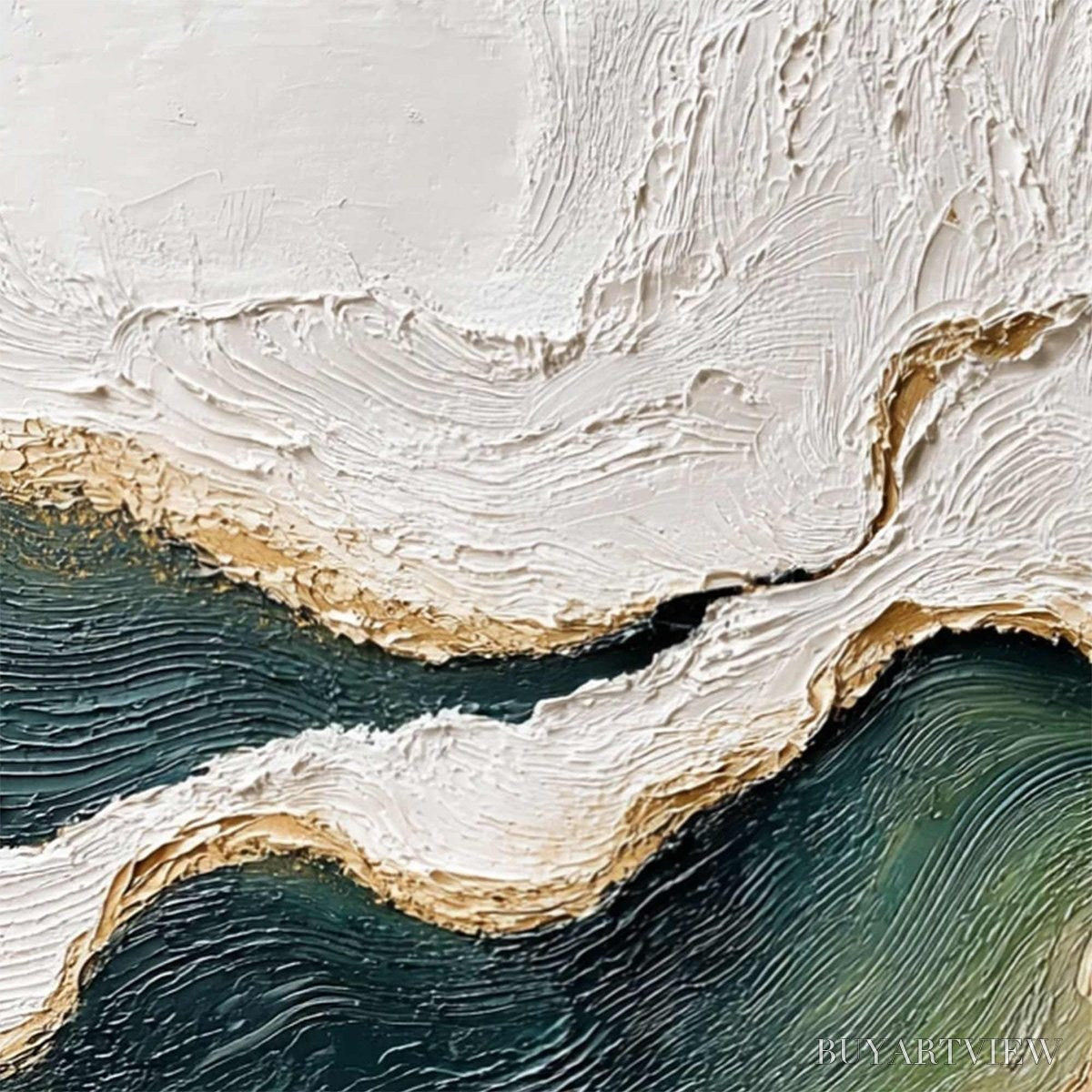ARTOVITAS Emerald Shoreline – Textured Wabi Sabi Abstract Coastal Landscape Painting - image 3