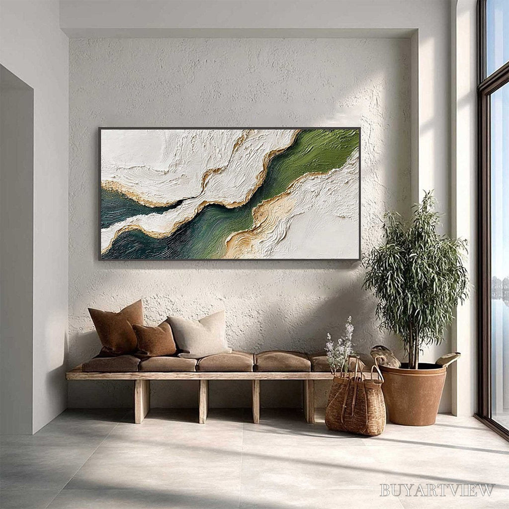 ARTOVITAS Emerald Shoreline – Textured Wabi Sabi Abstract Coastal Landscape Painting - image 4