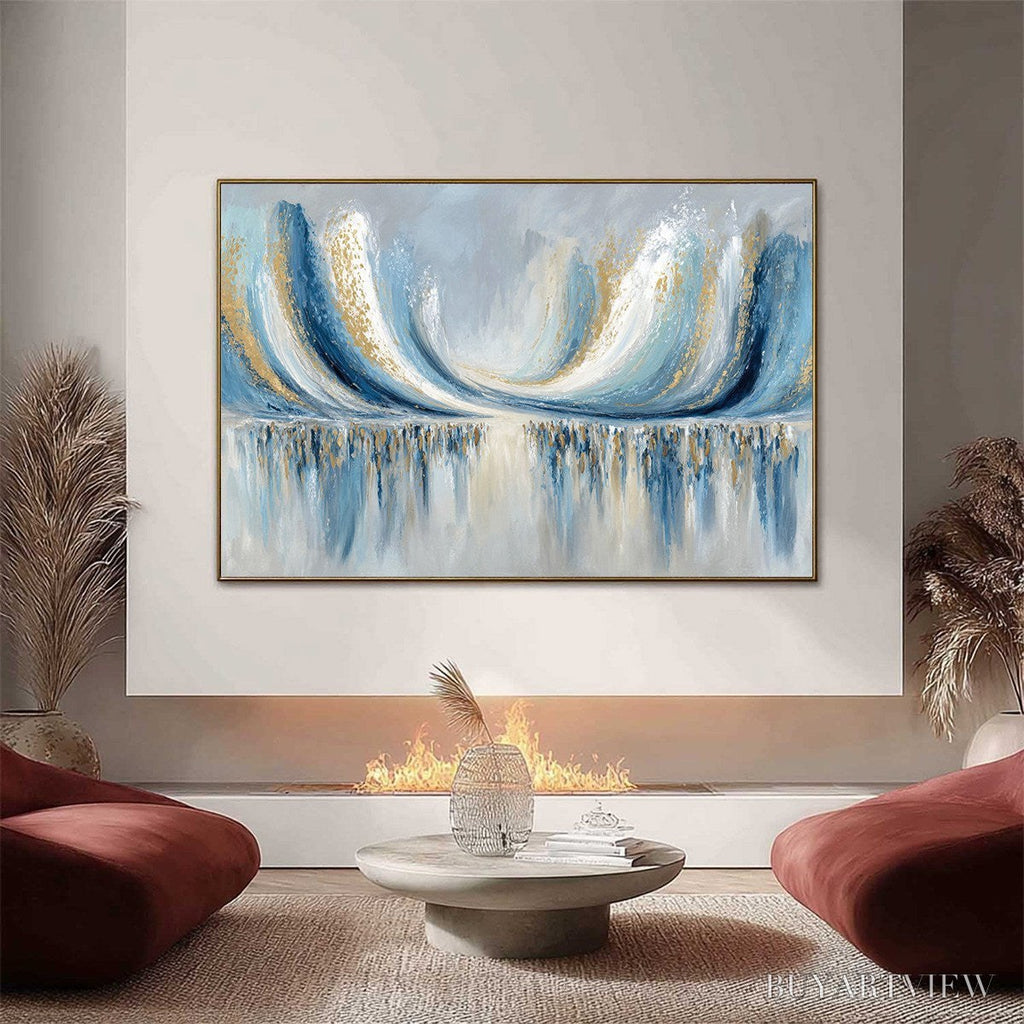 ARTOVITAS Coastal Echoes – Abstract Gold & Blue Textured Seascape Painting - image 2