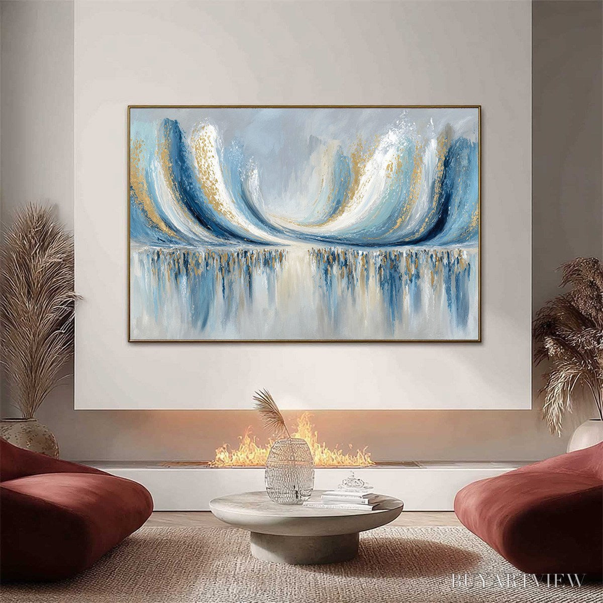 ARTOVITAS Coastal Echoes – Abstract Gold & Blue Textured Seascape Painting - image 2