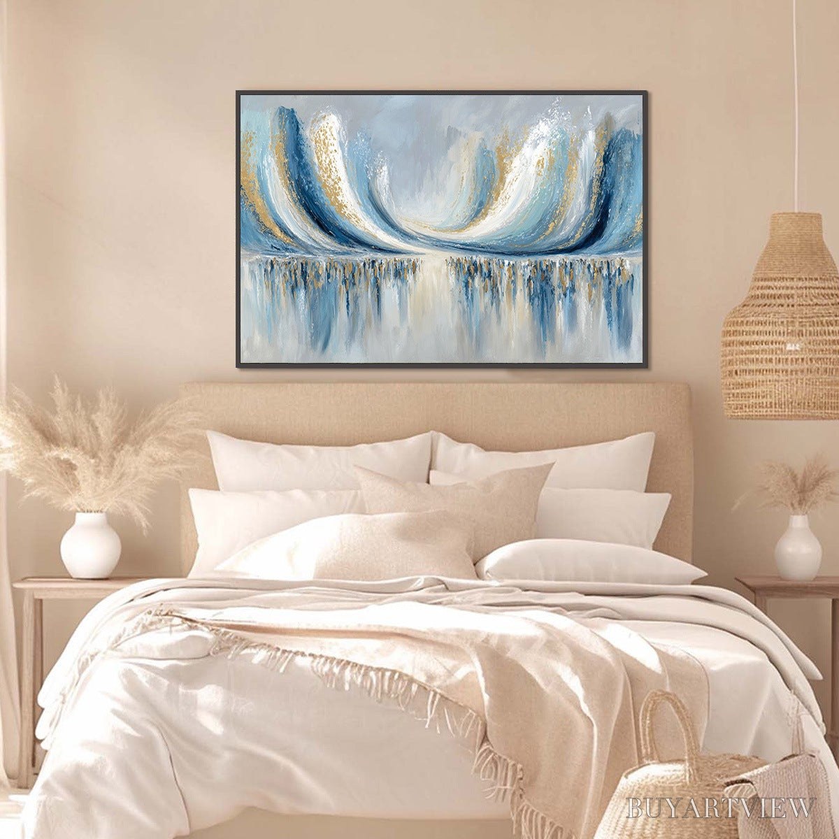 ARTOVITAS Coastal Echoes – Abstract Gold & Blue Textured Seascape Painting - image 4