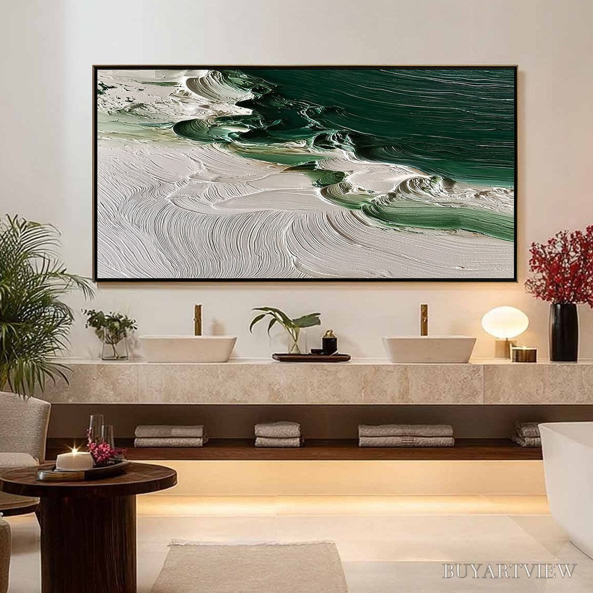 ARTOVITAS Emerald Tide – Textured Green and White Wabi Sabi Abstract Painting - image 2