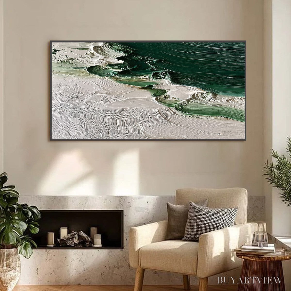 ARTOVITAS Emerald Tide – Textured Green and White Wabi Sabi Abstract Painting - image 4