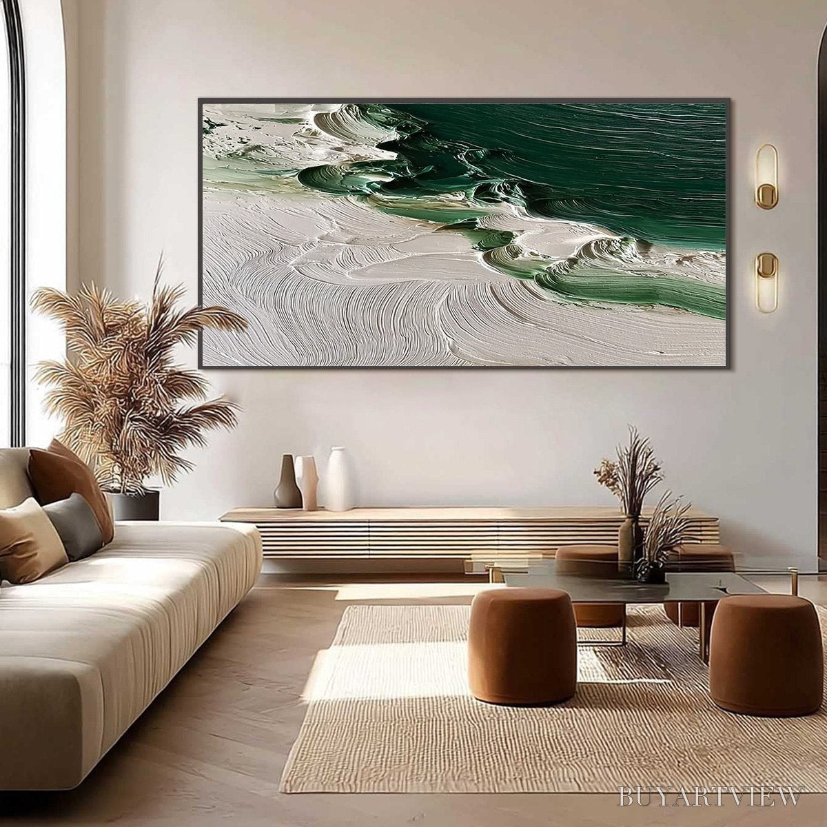 ARTOVITAS Emerald Tide – Textured Green and White Wabi Sabi Abstract Painting - image 6
