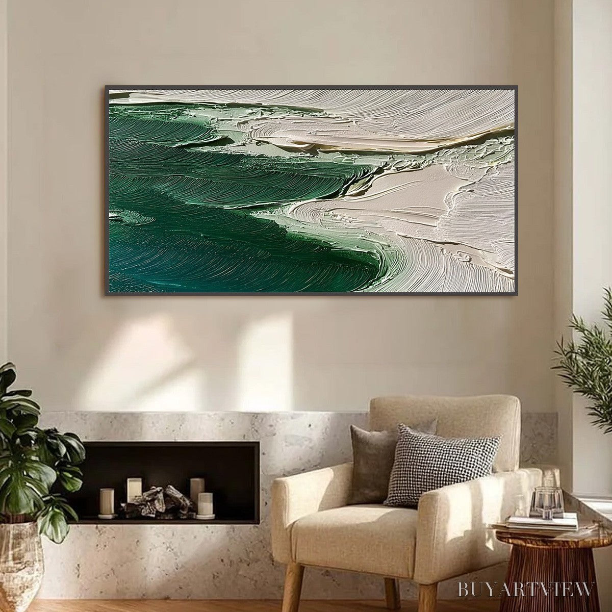 ARTOVITAS Emerald Tide – Textured Wabi Sabi Abstract Coastal Painting - image 4