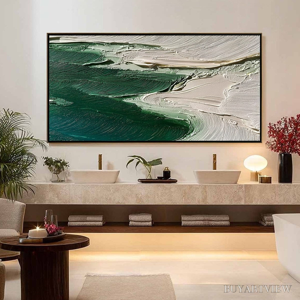 ARTOVITAS Emerald Tide – Textured Wabi Sabi Abstract Coastal Painting - image 6
