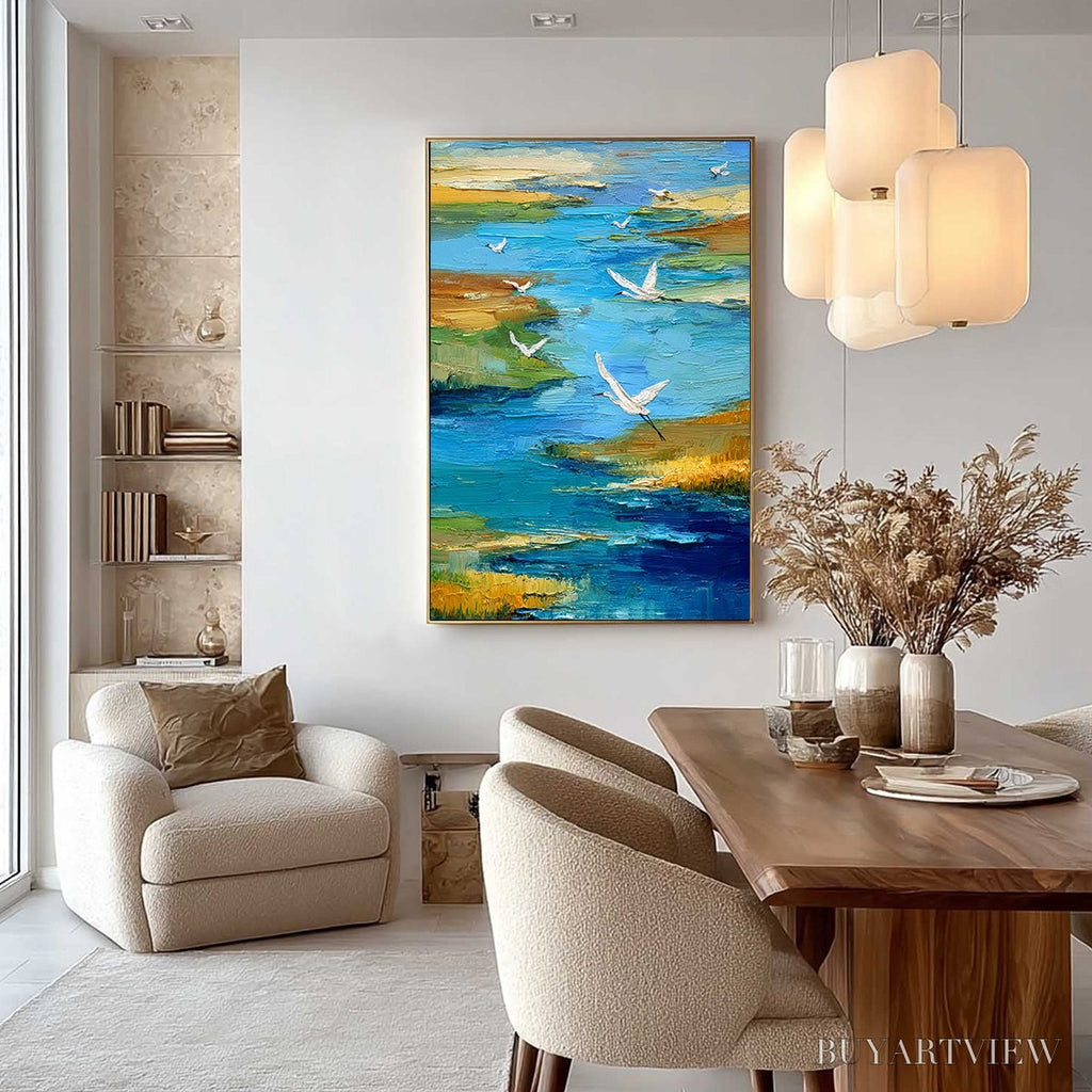 ARTOVITAS Aquamarine Sojourn – Textured Impasto Coastal Landscape Painting with Birds - image 4