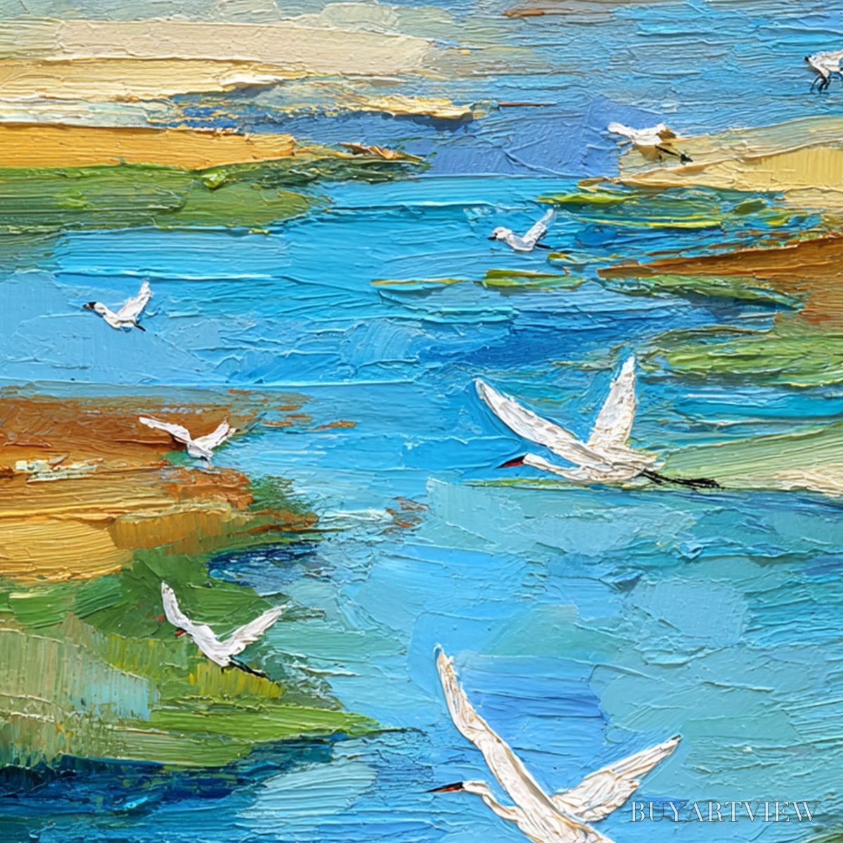 ARTOVITAS Aquamarine Sojourn – Textured Impasto Coastal Landscape Painting with Birds - image 5
