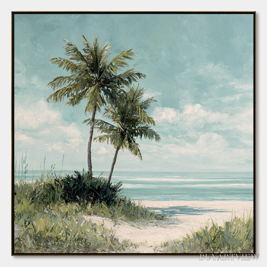 ARTOVITAS Ocean Breeze – Serene Coastal Palm Tree Beach Painting - image 1
