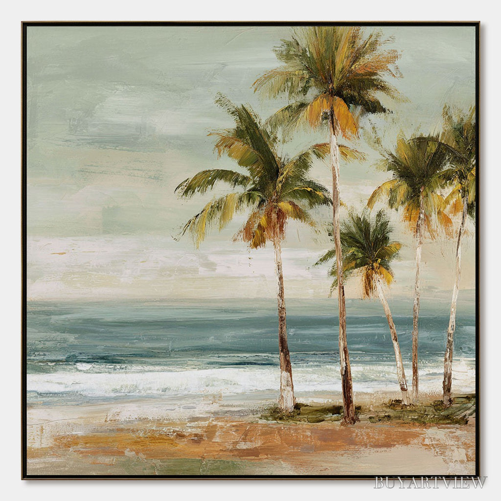 ARTOVITAS Coastal Whisper – Wabi Sabi Palm Tree Beach & Sea Painting - image 1
