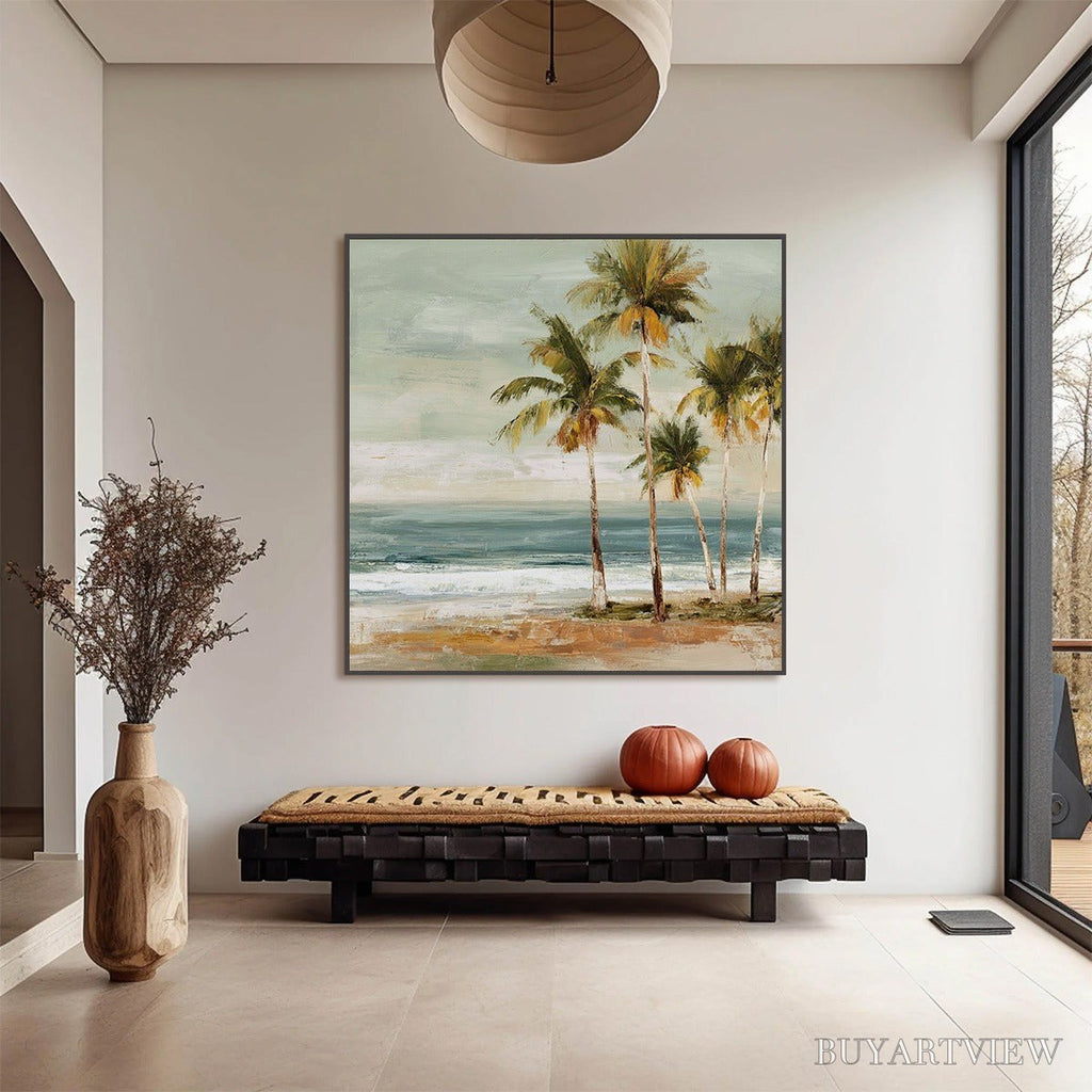 ARTOVITAS Coastal Whisper – Wabi Sabi Palm Tree Beach & Sea Painting - image 4