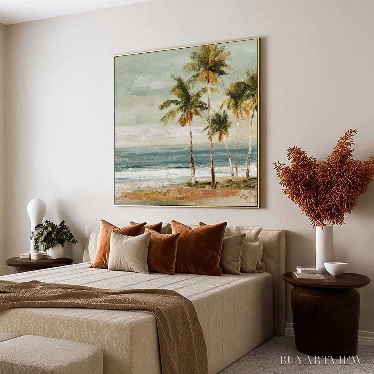 ARTOVITAS Coastal Whisper – Wabi Sabi Palm Tree Beach & Sea Painting - image 6