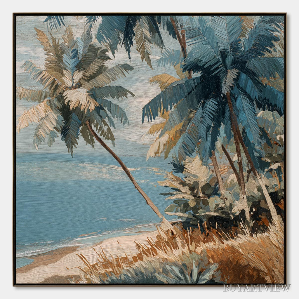 ARTOVITAS Cerulean Shore – Textured Impasto Palm Tree Beach Painting - image 1