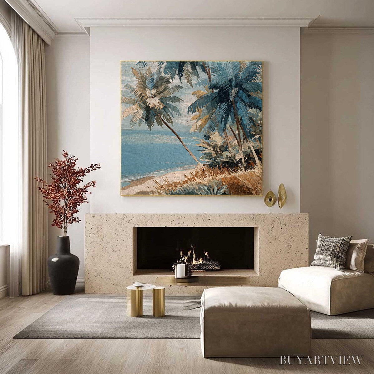 ARTOVITAS Cerulean Shore – Textured Impasto Palm Tree Beach Painting - image 2