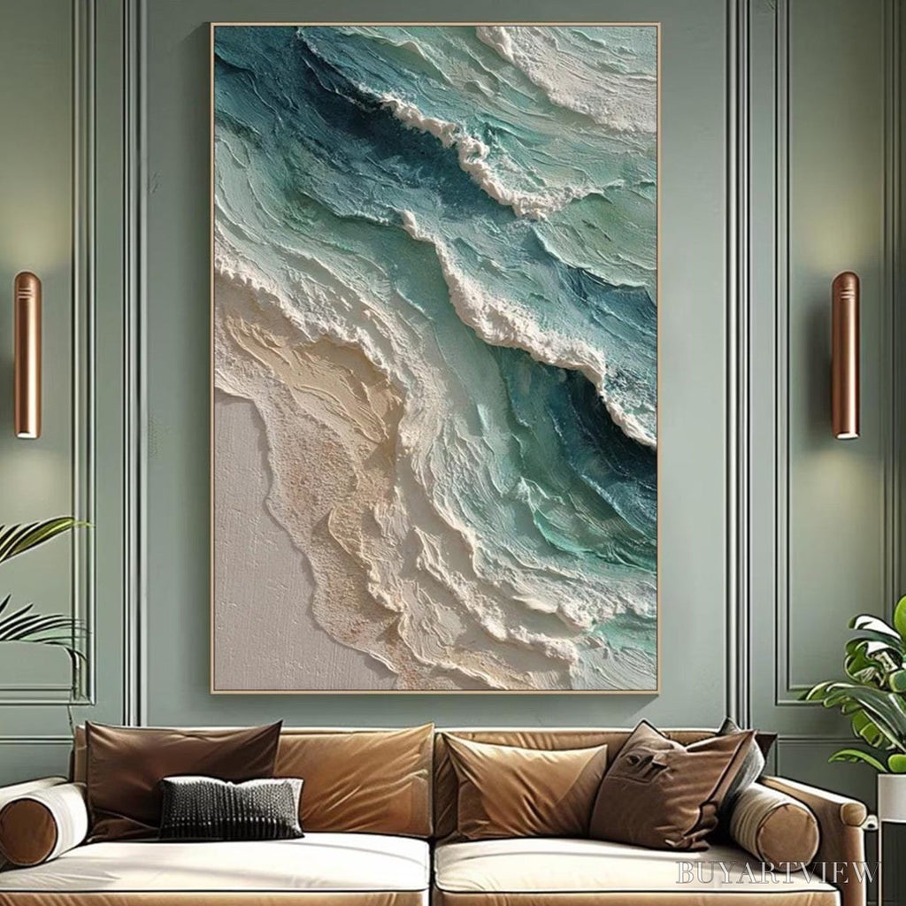 ARTOVITAS Aquamarine Rush – Textured Impasto Ocean Wave Painting - image 2