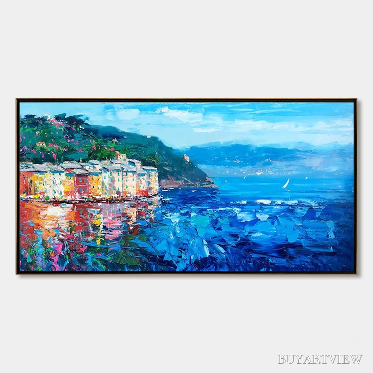 ARTOVITAS Azure Riviera – Palette Knife Coastal Seascape Oil Painting - image 1