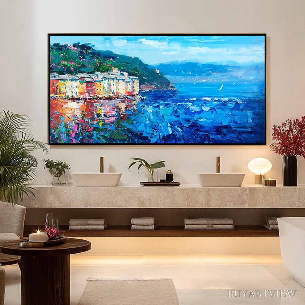 ARTOVITAS Azure Riviera – Palette Knife Coastal Seascape Oil Painting - image 2