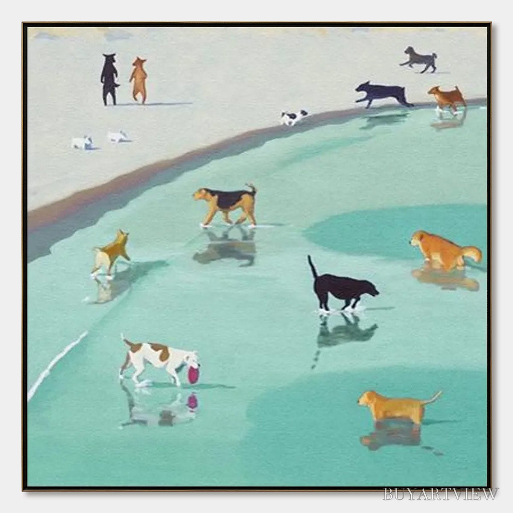 ARTOVITAS Paws At Tide – Minimalist Dog Beach Scene Oil Painting - image 1