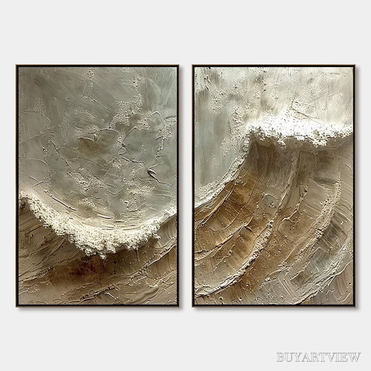 ARTOVITAS Tidal Whisper – Textured Wabi Sabi Coastal Diptych Oil Painting - image 1