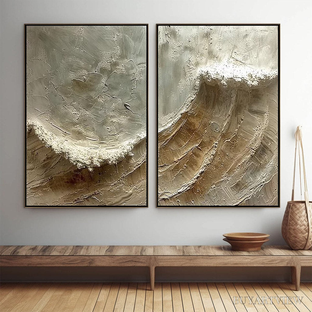 ARTOVITAS Tidal Whisper – Textured Wabi Sabi Coastal Diptych Oil Painting - image 2