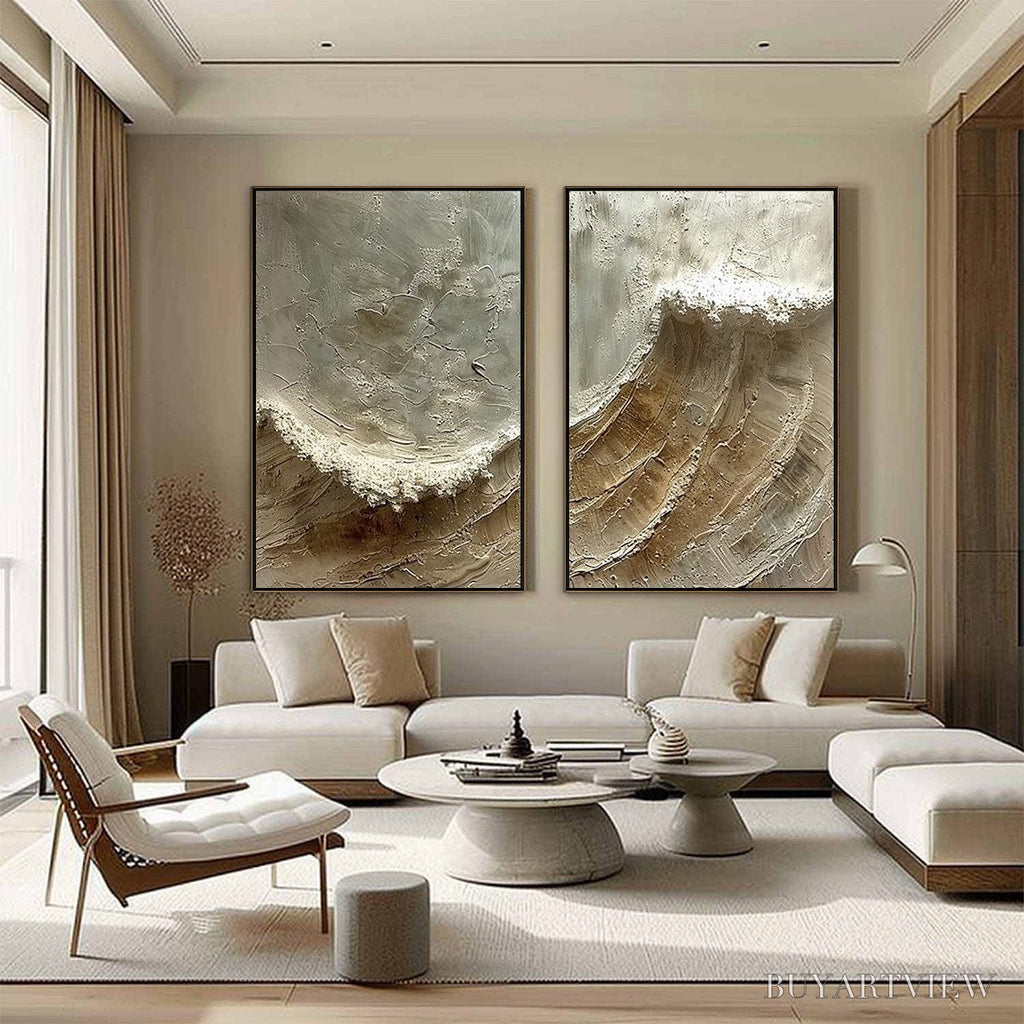 ARTOVITAS Tidal Whisper – Textured Wabi Sabi Coastal Diptych Oil Painting - image 4