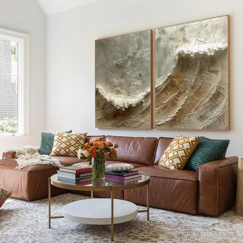 ARTOVITAS Tidal Whisper – Textured Wabi Sabi Coastal Diptych Oil Painting - image 6