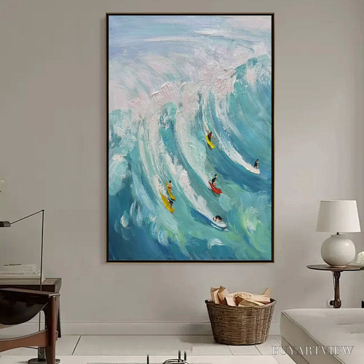 ARTOVITAS Ready to Ship | Catching the Wave – Vertical Surfer Ocean Painting - image 1