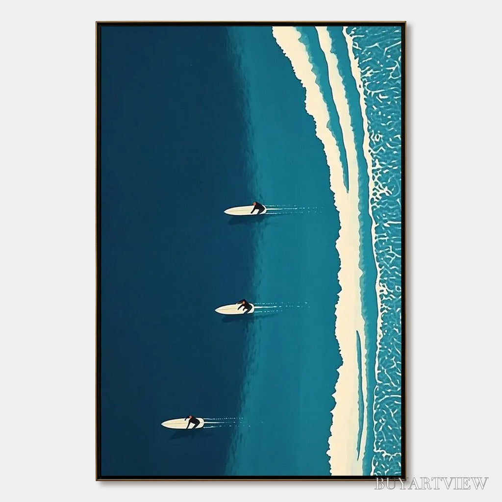 ARTOVITAS Ocean'S Three – Minimalist Aerial Surfing Scene Oil Painting - image 1