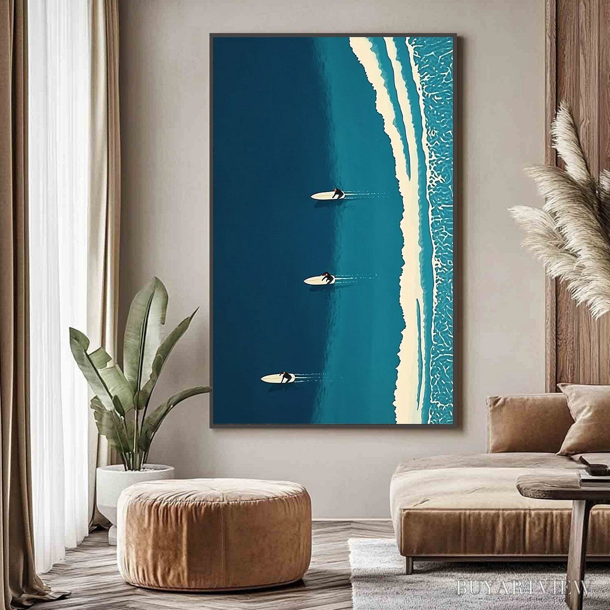 ARTOVITAS Ocean'S Three – Minimalist Aerial Surfing Scene Oil Painting - image 2