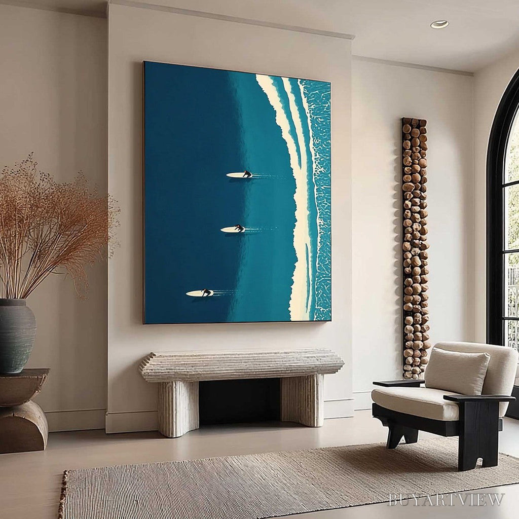 ARTOVITAS Ocean'S Three – Minimalist Aerial Surfing Scene Oil Painting - image 4