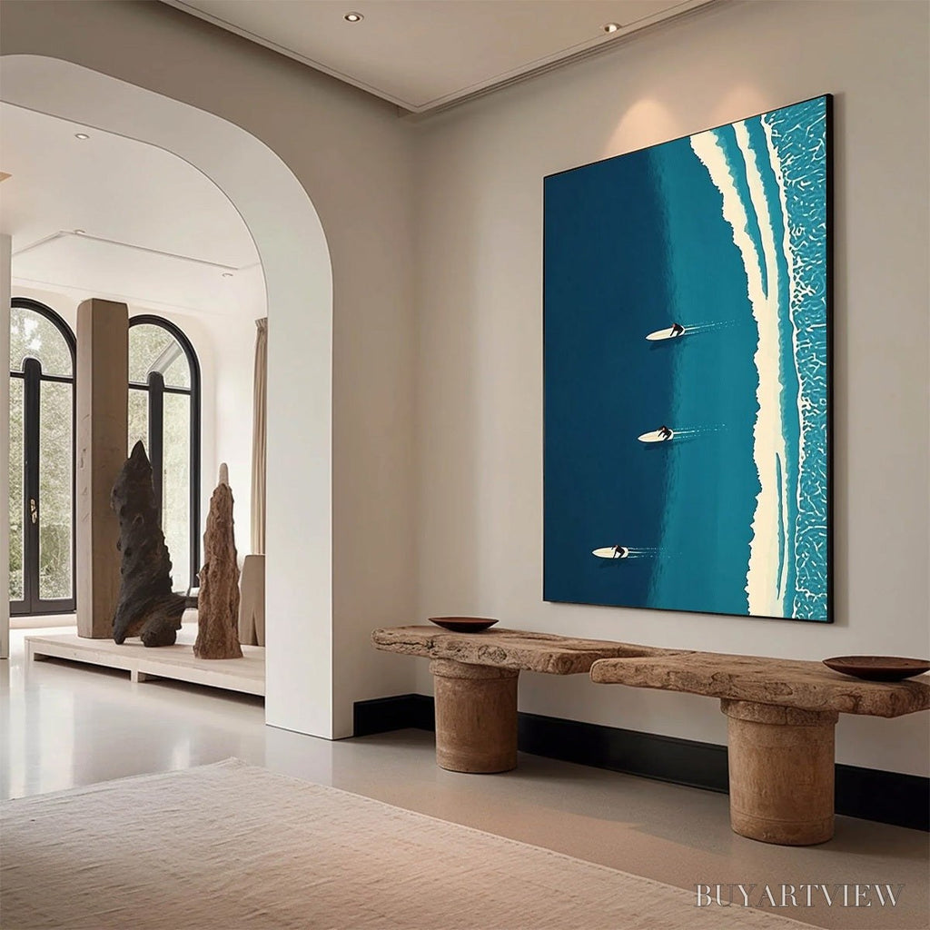 ARTOVITAS Ocean'S Three – Minimalist Aerial Surfing Scene Oil Painting - image 5