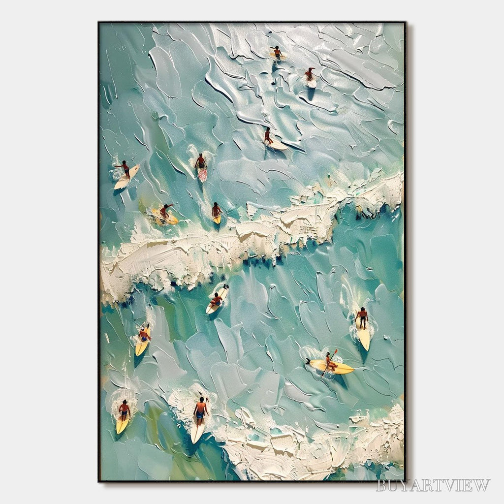 ARTOVITAS Surf'S Up – Textured Aerial View of Surfers Oil Painting - image 1