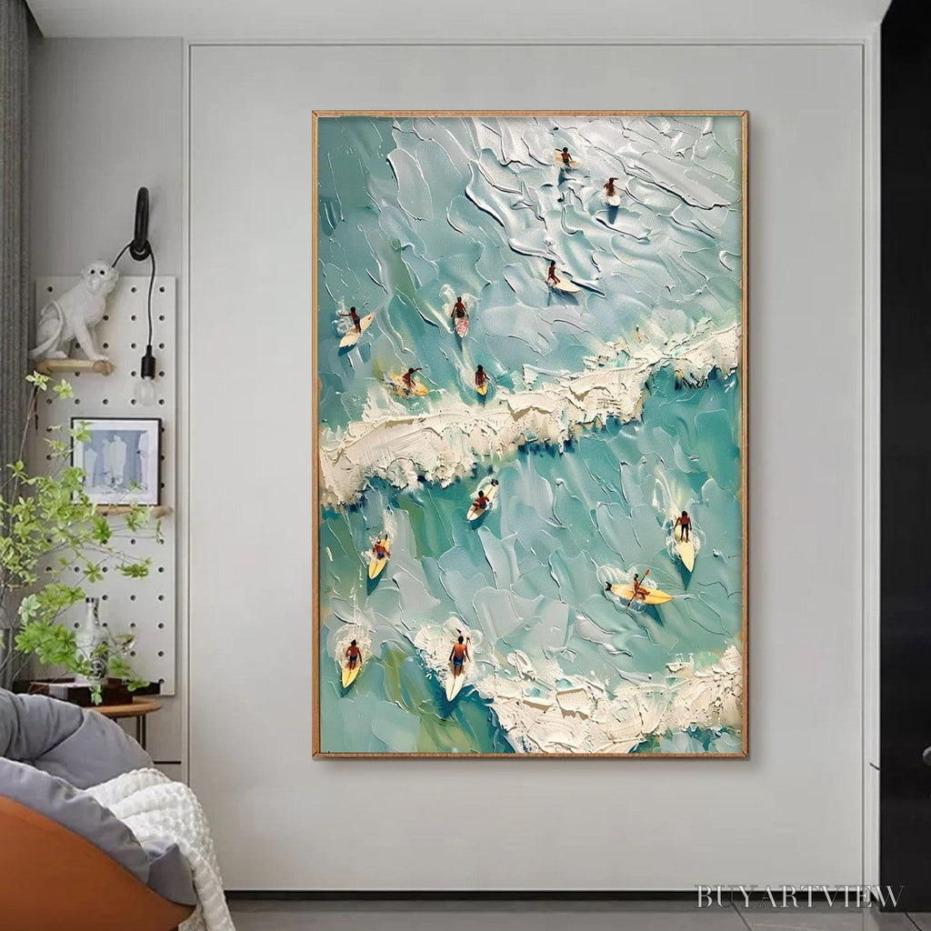 ARTOVITAS Surf'S Up – Textured Aerial View of Surfers Oil Painting - image 2