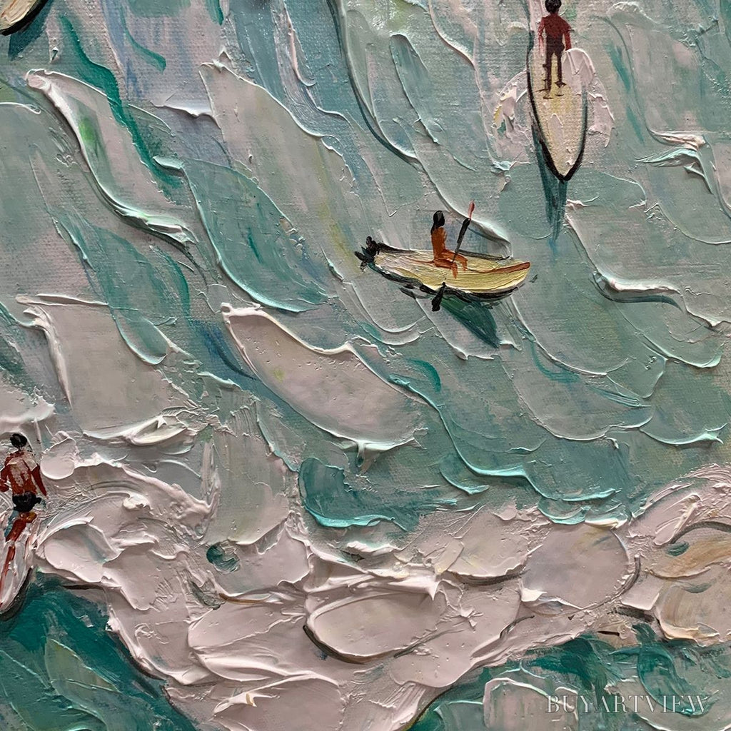 ARTOVITAS Surf'S Up – Textured Aerial View of Surfers Oil Painting - image 3