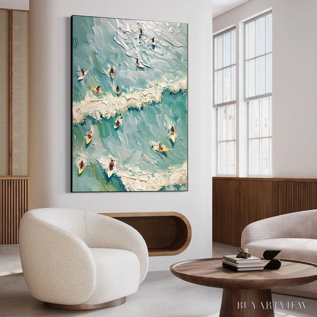 ARTOVITAS Surf'S Up – Textured Aerial View of Surfers Oil Painting - image 4