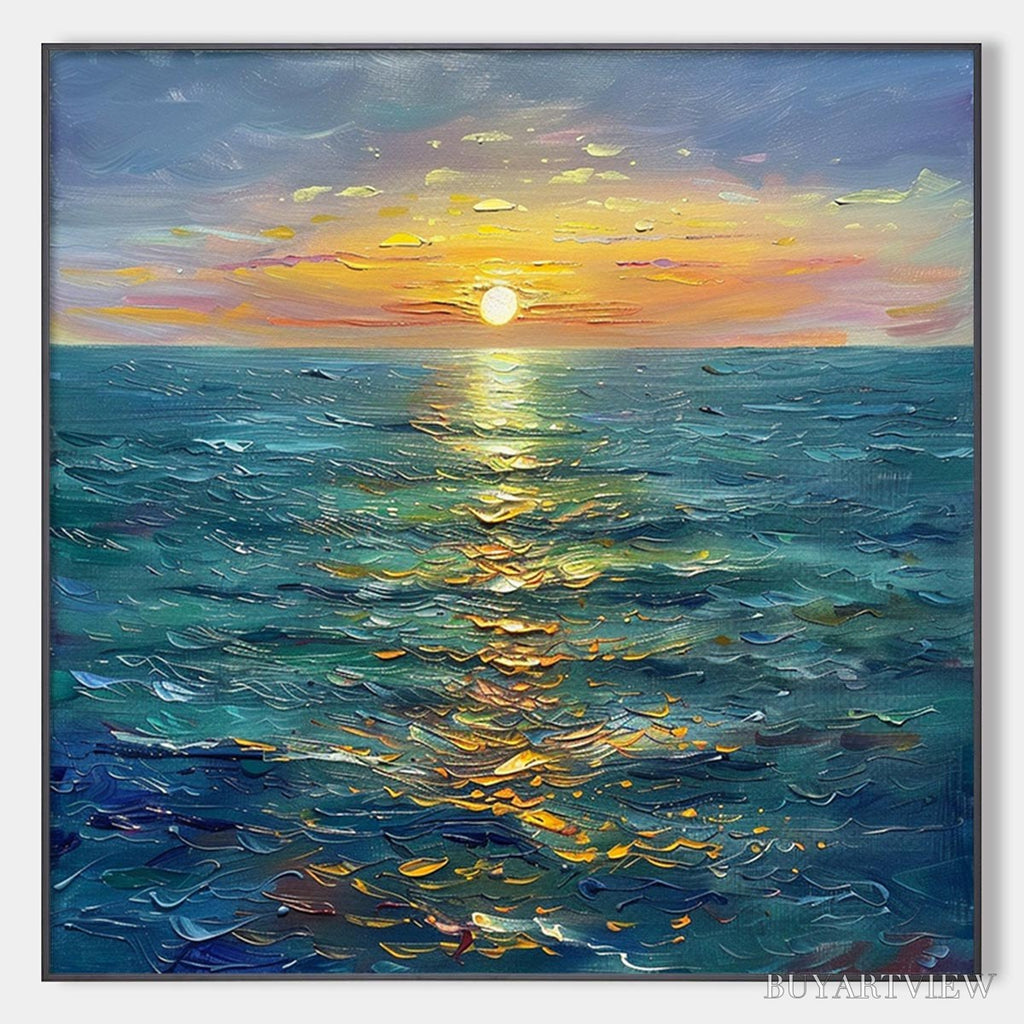 ARTOVITAS Golden Hour – Textured Sunset Seascape Oil Painting - image 1