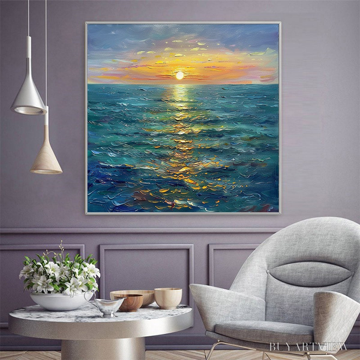 ARTOVITAS Golden Hour – Textured Sunset Seascape Oil Painting - image 2