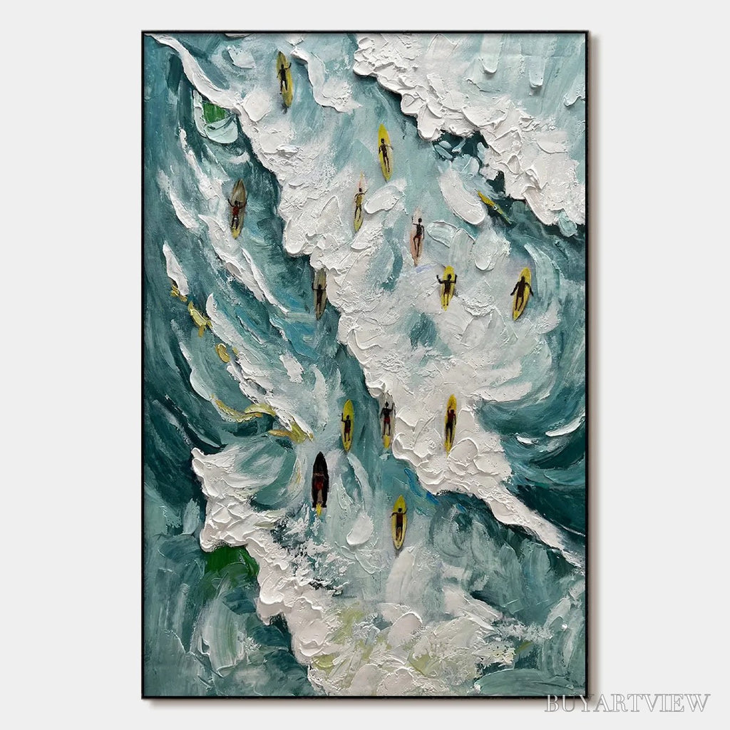 ARTOVITAS Catching the Wave – Ocean Surfers Impasto Oil Painting on Canvas - image 1