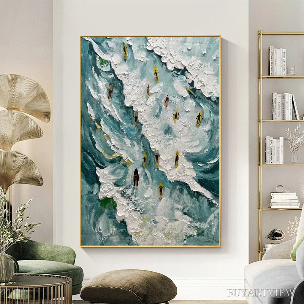 ARTOVITAS Catching the Wave – Ocean Surfers Impasto Oil Painting on Canvas - image 2