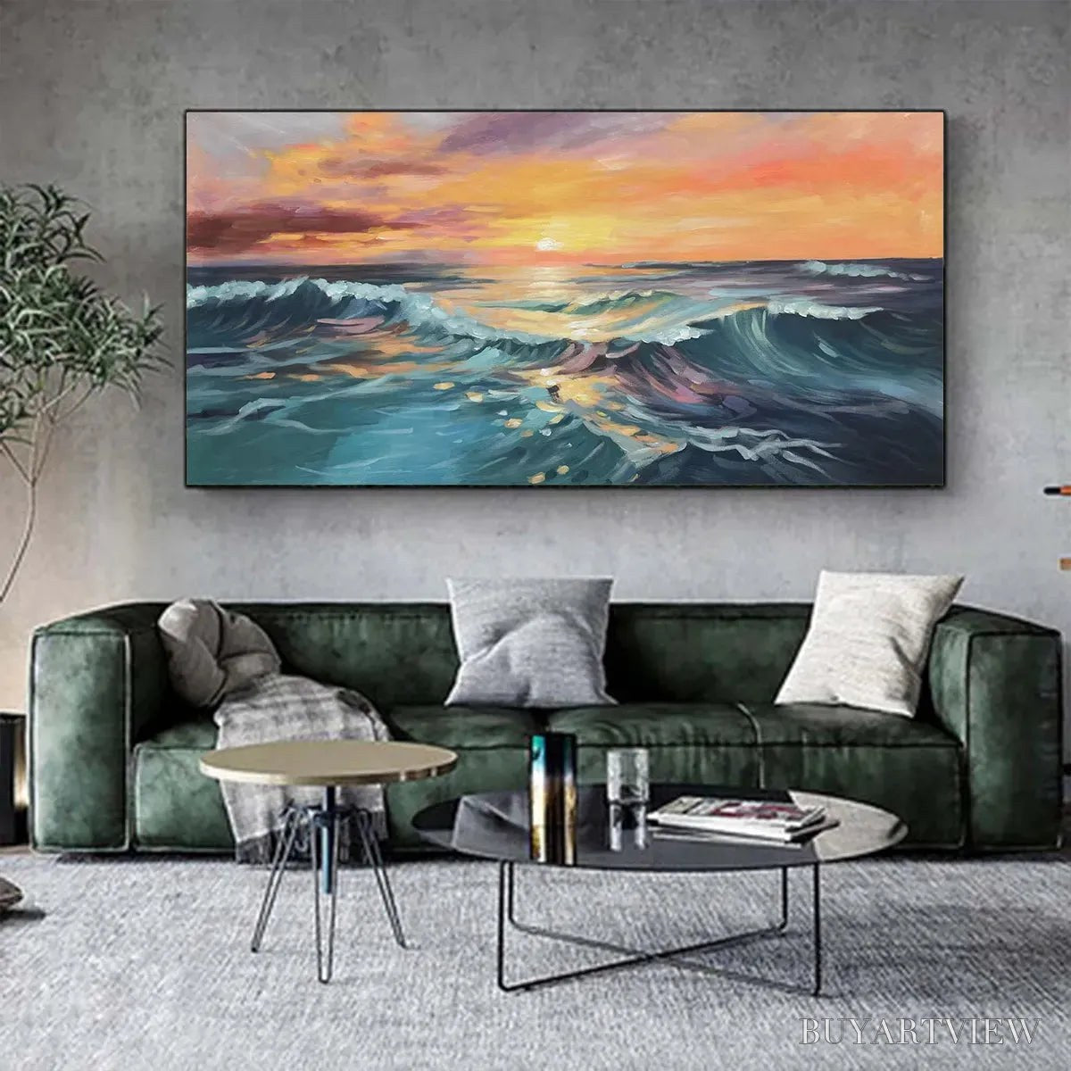 ARTOVITAS Ocean'S Embrace – Panoramic Ocean Sunset Painting in Teal and Orange - image 2