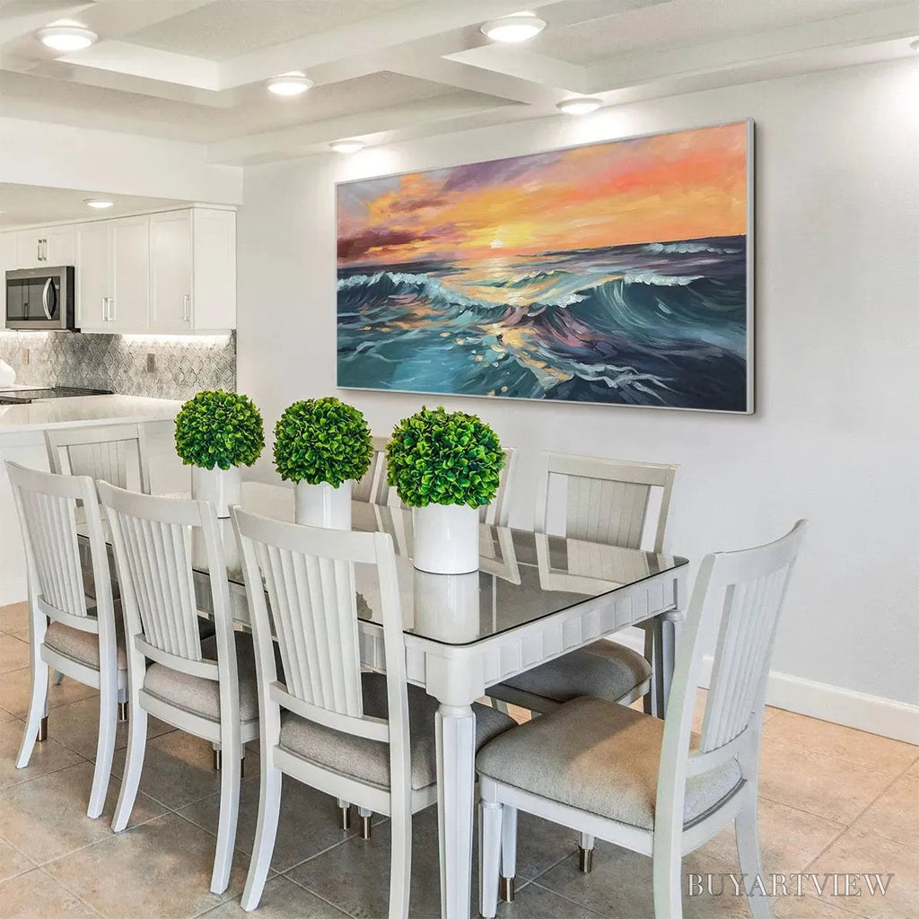 ARTOVITAS Ocean'S Embrace – Panoramic Ocean Sunset Painting in Teal and Orange - image 4