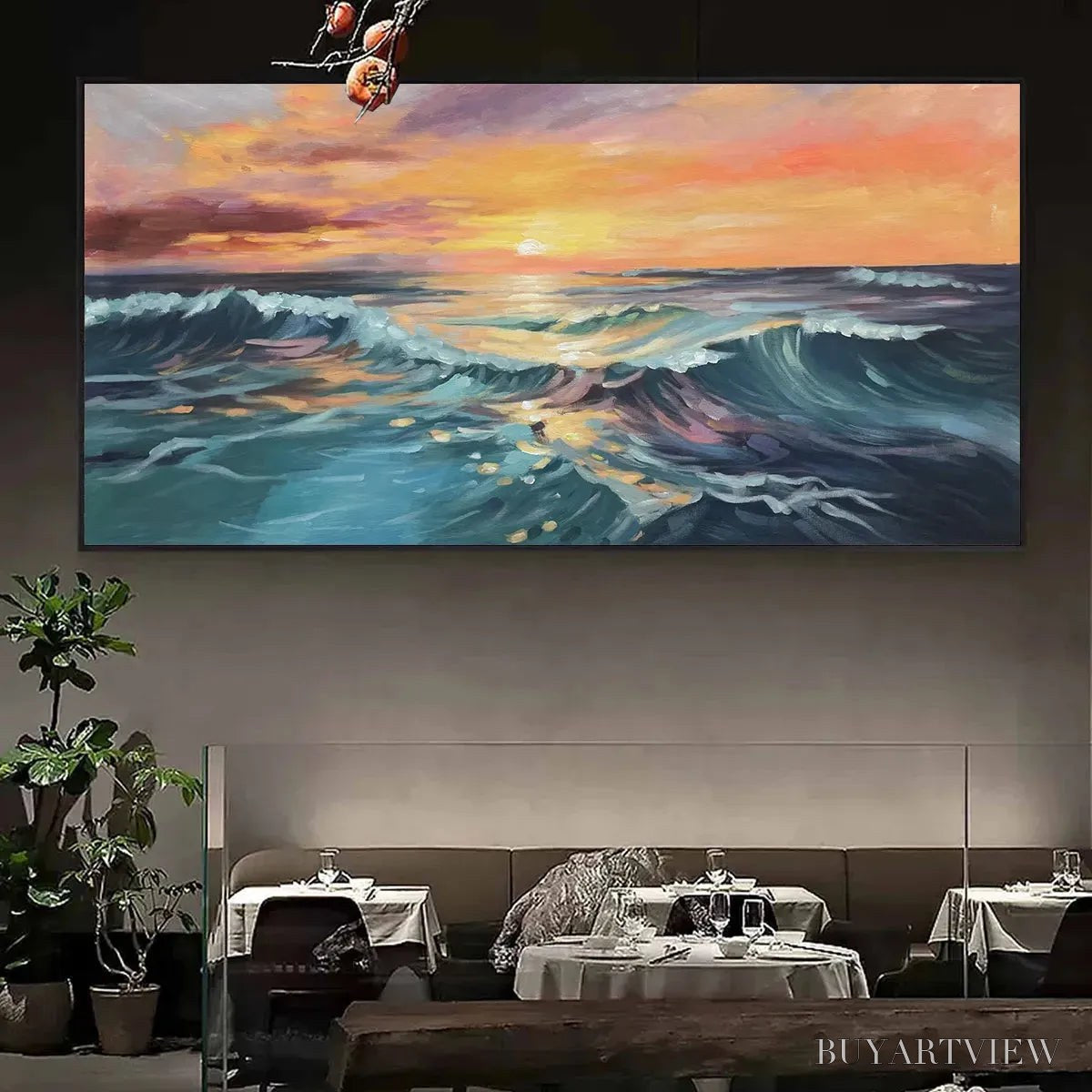 ARTOVITAS Ocean'S Embrace – Panoramic Ocean Sunset Painting in Teal and Orange - image 6
