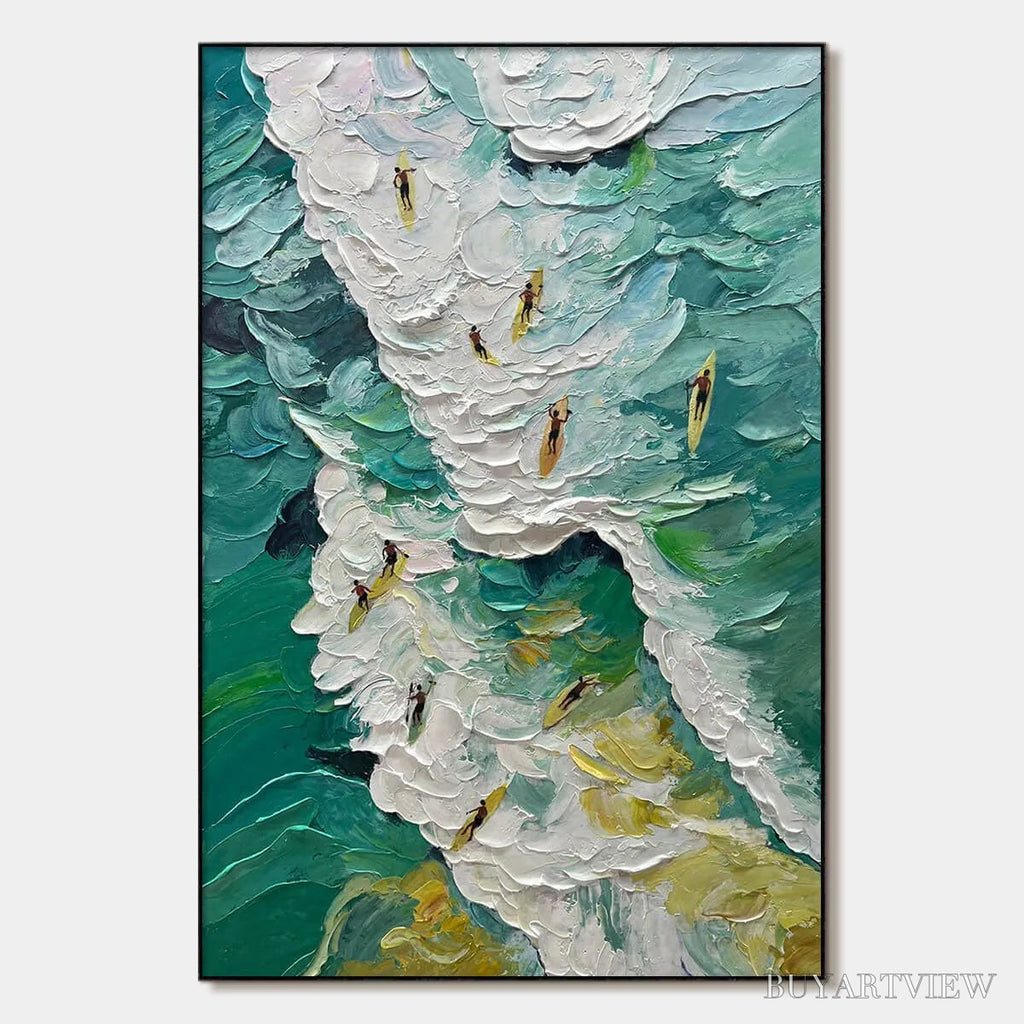 ARTOVITAS Catching the Wave – Textured Surfers Ocean Scene Oil Painting - image 1