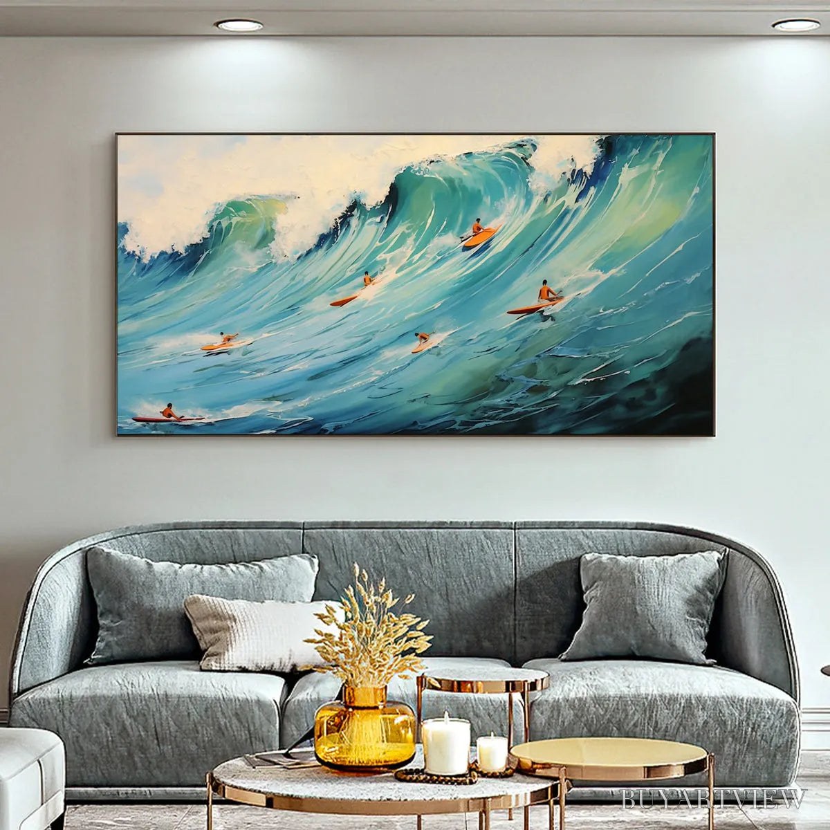 ARTOVITAS Epic Ride – Panoramic Ocean Painting of Surfers on a Majestic Wave - image 2