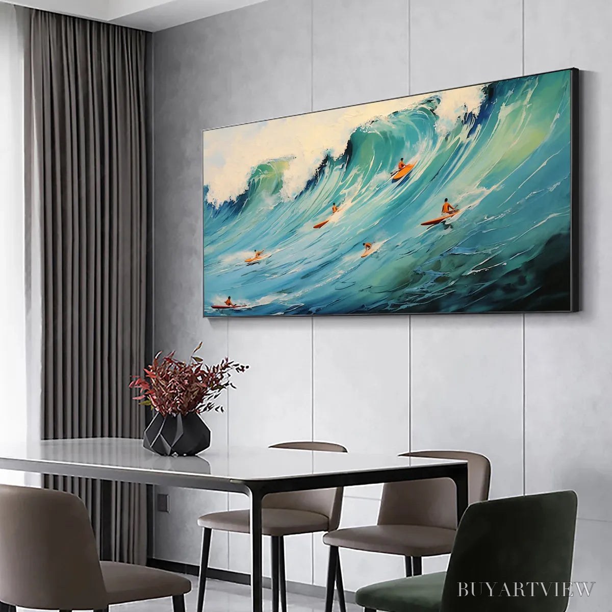 ARTOVITAS Epic Ride – Panoramic Ocean Painting of Surfers on a Majestic Wave - image 4