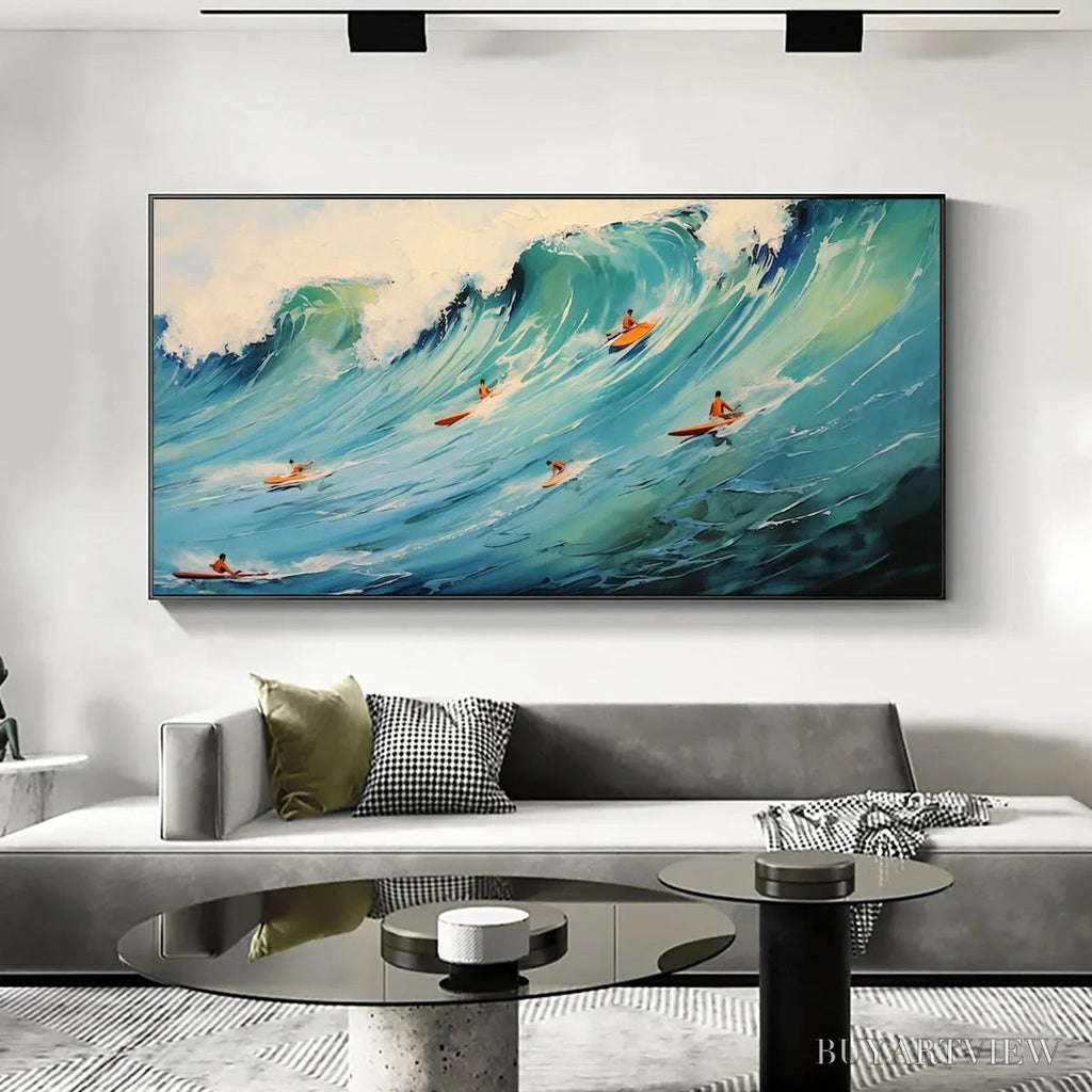 ARTOVITAS Epic Ride – Panoramic Ocean Painting of Surfers on a Majestic Wave - image 5