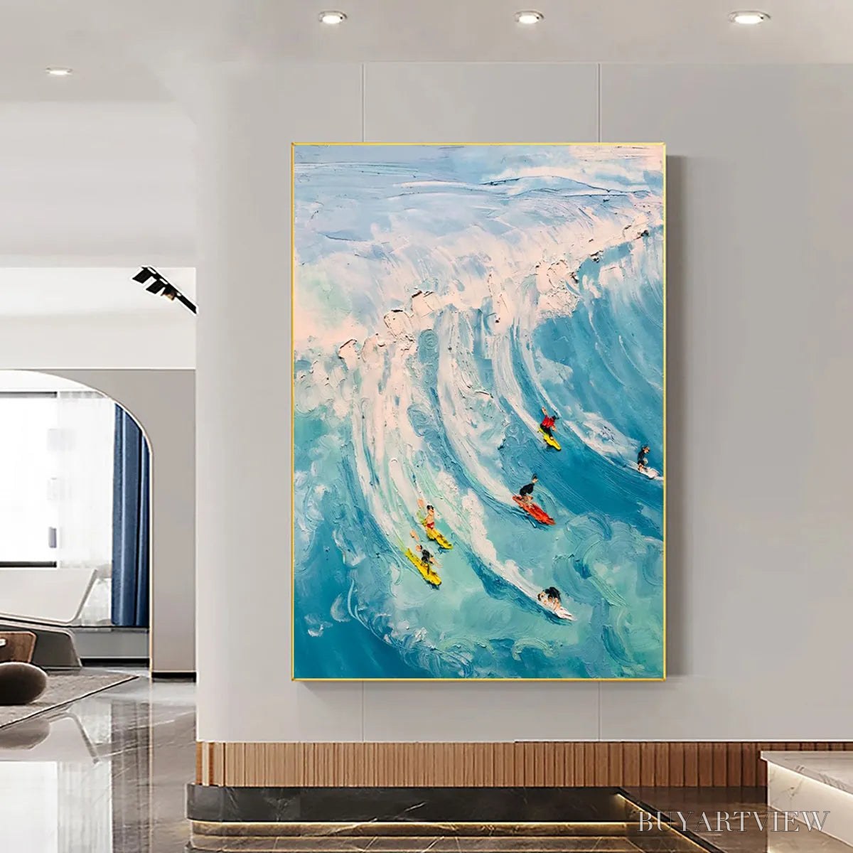 ARTOVITAS Catching the Wave – Vertical Ocean Painting of Surfers Riding a Wave - image 5